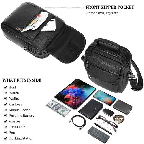 Polare Italian Cowhide Leather Messenger Bag Anti-Theft Shoulder Pouch Sling Bag Waterproof Purse Crossbody Bags Handbag (Black-B)