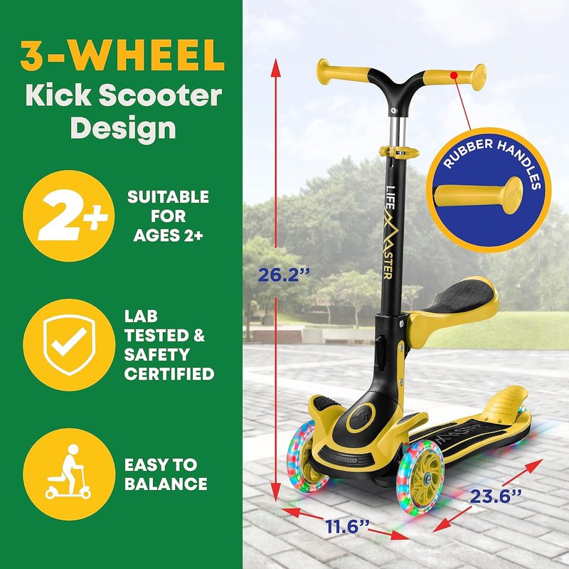 3 Wheel Scooter for Kids - Foldable Seat & Adjustable Handlebar | Light-Up LED Wheels, Indoor & Outdoor Fun