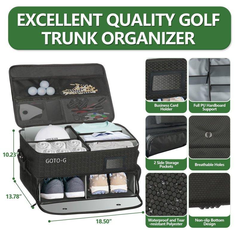1GoTo-G 3 Layer Golf Trunk Organizer - Large Capacity Golf Trunk Organizer for 2 Pair Size 13 Shoes, Gifts for Men for Accessories, Balls, Tees, Clothes, Gloves