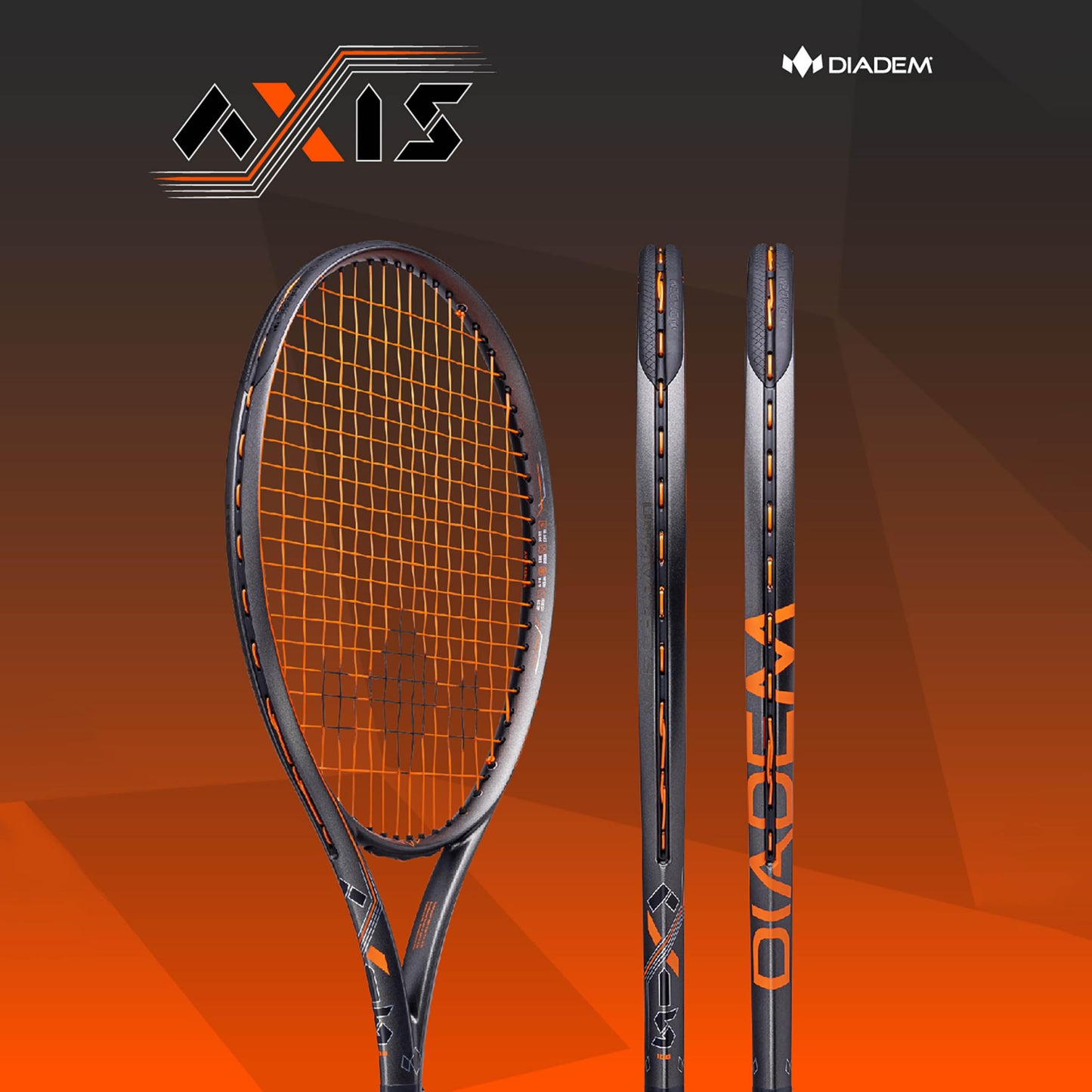 Diadem Axis 100 Tennis Racket | 16x19 String Pattern, FS3 Stabilization, Kraibon Vibration Dampening, Precision Strike Zone for Unrivaled Spin & Control (Black/Orange, Grip: 4 1/4" (L2))
