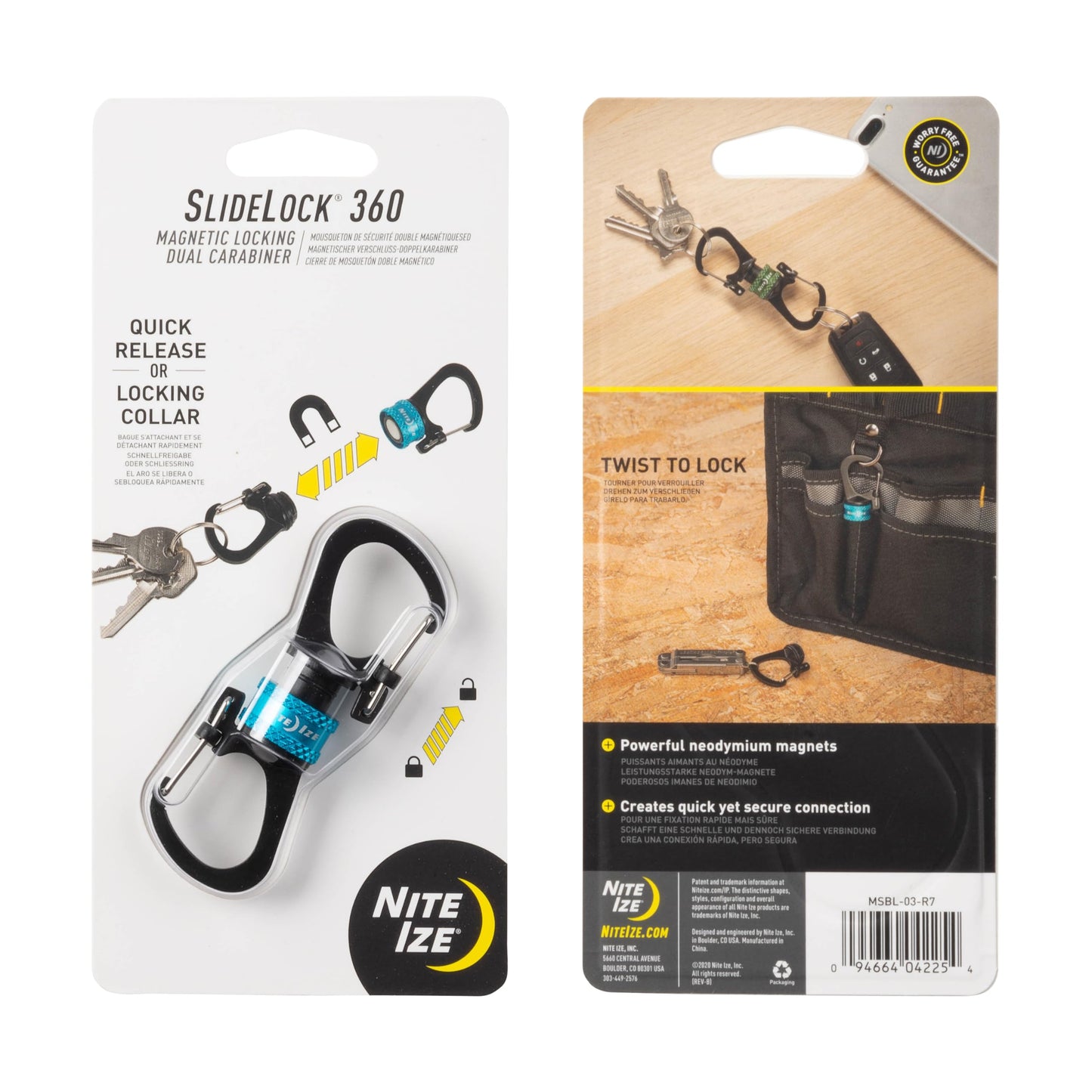 Nite Ize SlideLock 360 Degree Magnetic Locking Dual Carabiner - S-Biners with Twist-to-Lock Collar - Magnetic Carabiner Keychains for Keys, Camping Accessories & More - Blue