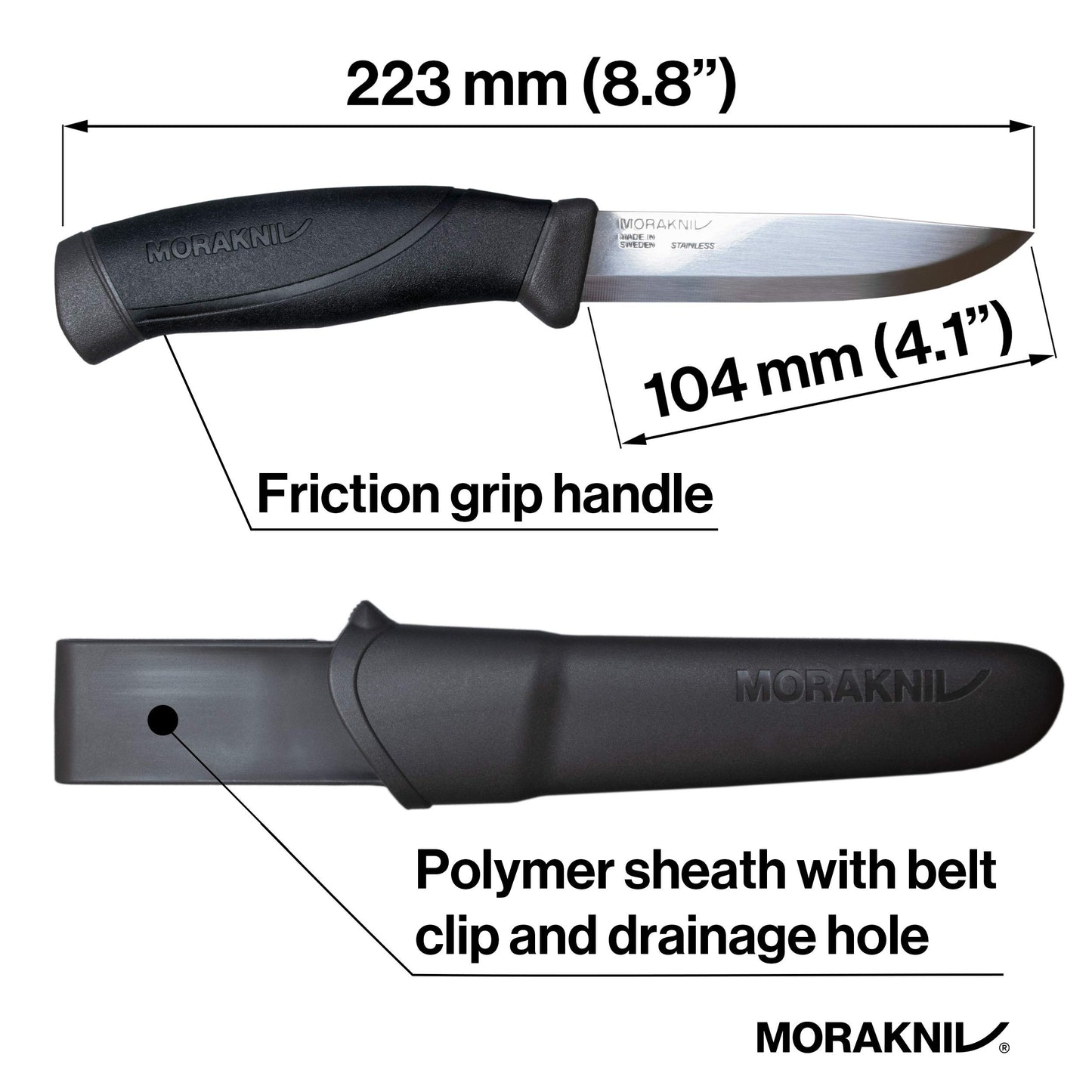 Morakniv Companion Sandvik Stainless Steel Fixed-Blade Knife with Sheath, 4.1 Inch,Black