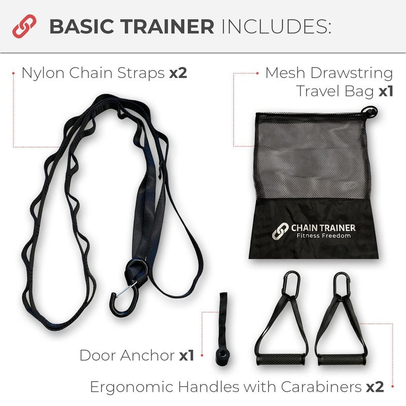 Chain Trainer Basic - Multi-functional Basic Fitness Freedom Workout Equipment: 2 Daisy Chain Straps, 2 Ergonomic Handles with Carabiners, 1 Door Anchor, 1 Mesh Drawstring Travel Bag, Black