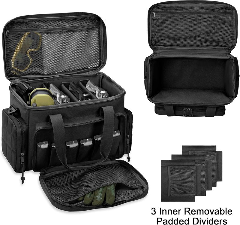 Gun Range Bag for 4 Handguns & Ammo - Tactical Pistol Case with 6 Magazine Slots | Padded Shoulder Strap, Durable Design
