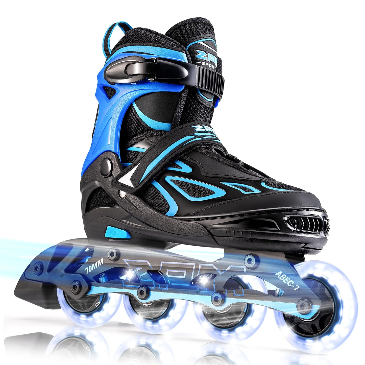 2PM Sports Vinal Boys and Girls Adjustable Flashing Inline Skates, All Wheels Light Up, Fun Illuminating Skates for Kids and Men- Azure Medium(1Y-4Y US)