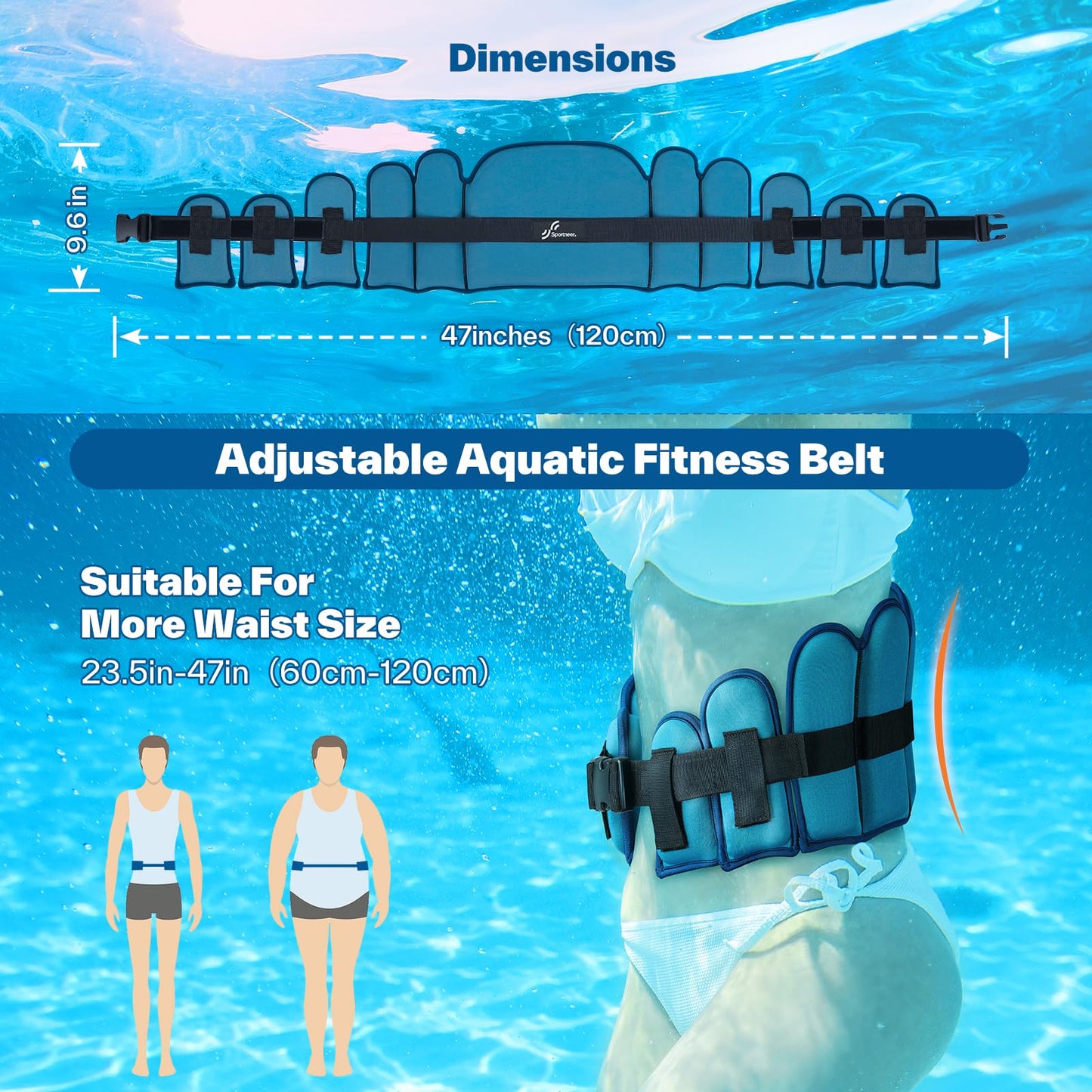 Sportneer Aqua Belt Water Aerobics Equipment: Swimming Belt Pool Exercise Equipment for Adults Aqua Float Belts with Adjustable Foam Blocks for Aquatic Fitness Training Low-Impact Workout Dark Blue