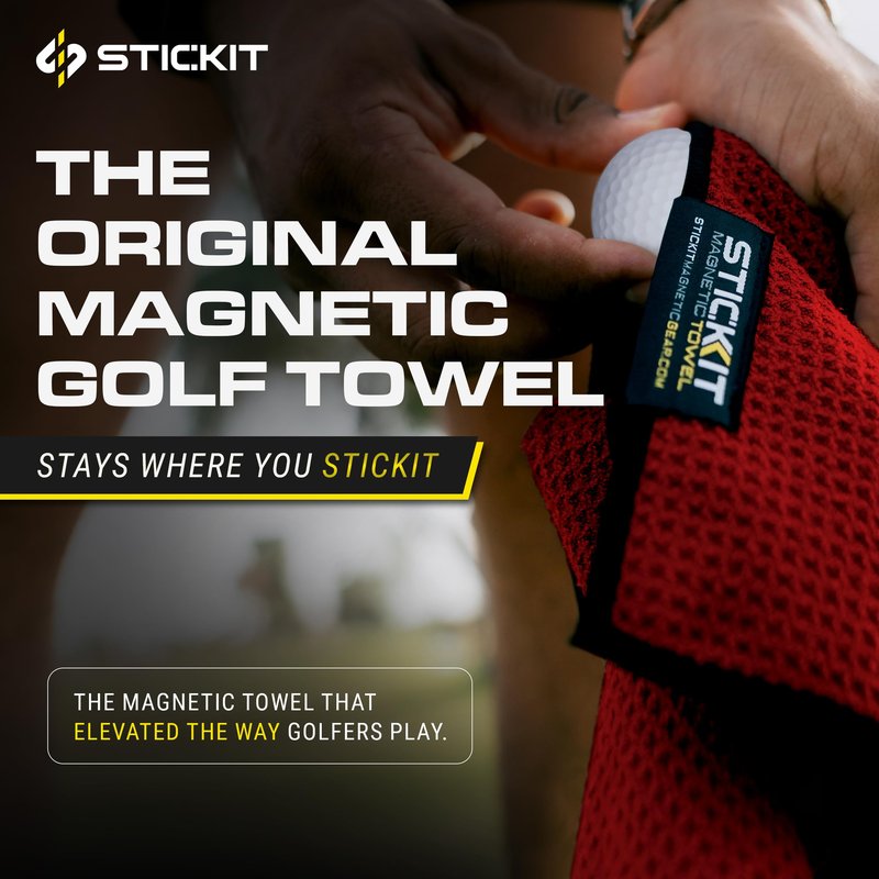 STICKIT Mini Magnetic Golf Towel - Ultra-Absorbent with Waffle Weave Microfiber & Removable Magnet - Small Golf Towel for Bags, Clubs & Carts - Removes Dirt, Grass, & Debris 12” x 12” (Black)