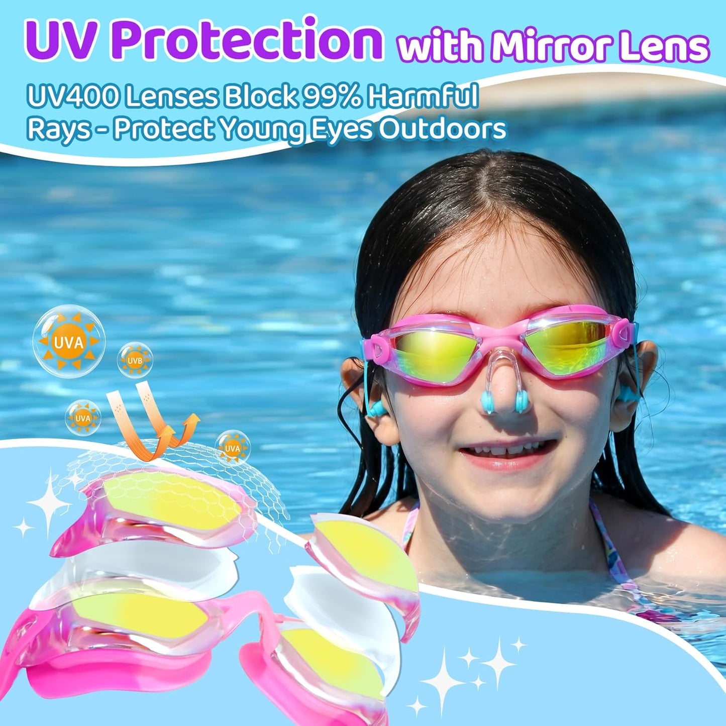 Vvinca Kids Swimming Goggles - Anti-Fog UV Protection | Leak-Proof Design, 2-Pack for Ages 3-15