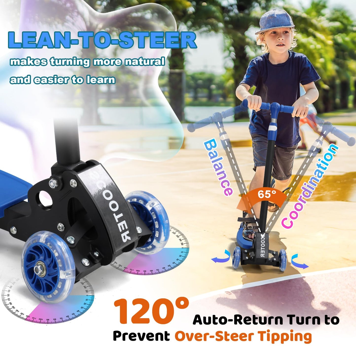 Kids Scooter for Ages 3-7, Foldable 3 Wheel Kick Scooter with Light Up Wheels, Easy Lean-to-Steer, Adjustable Handlebar, Stable Dual Rear Wheels, Wide Non-Slip Deck &Rear Brake for Boys Girls