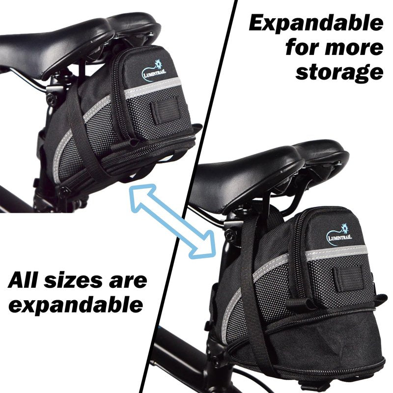 Lumintrail Bike Seat Bag, Bicycle Saddle Bag for Mountain Road Bikes, Expandable Storage Under Seat Bike Bag, Reflective Material with Bike Light Loop, Black, Large
