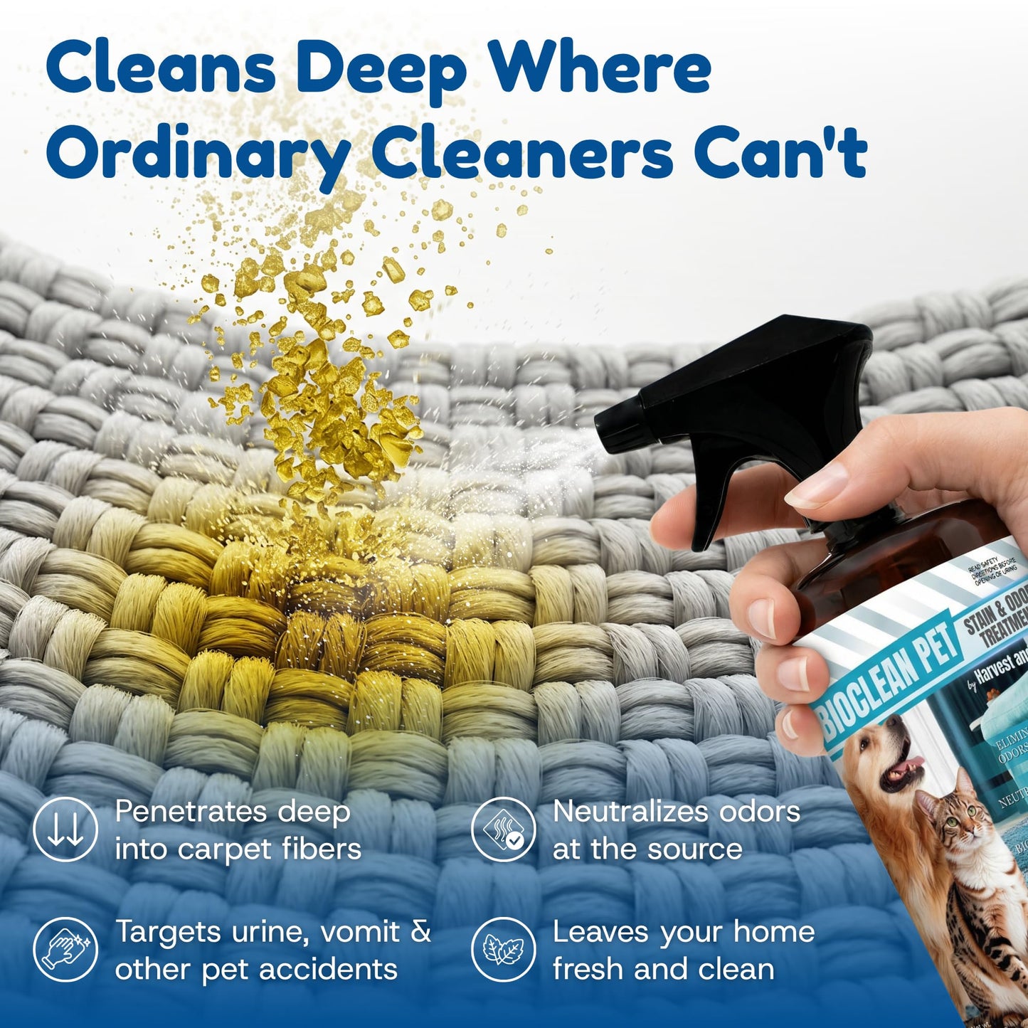 Bioclean Pet Carpet Cleaner & Deodorizer – Eliminates Pet Urine Smell, Stain & Odor Remover, No Residue, Made in USA – 32oz