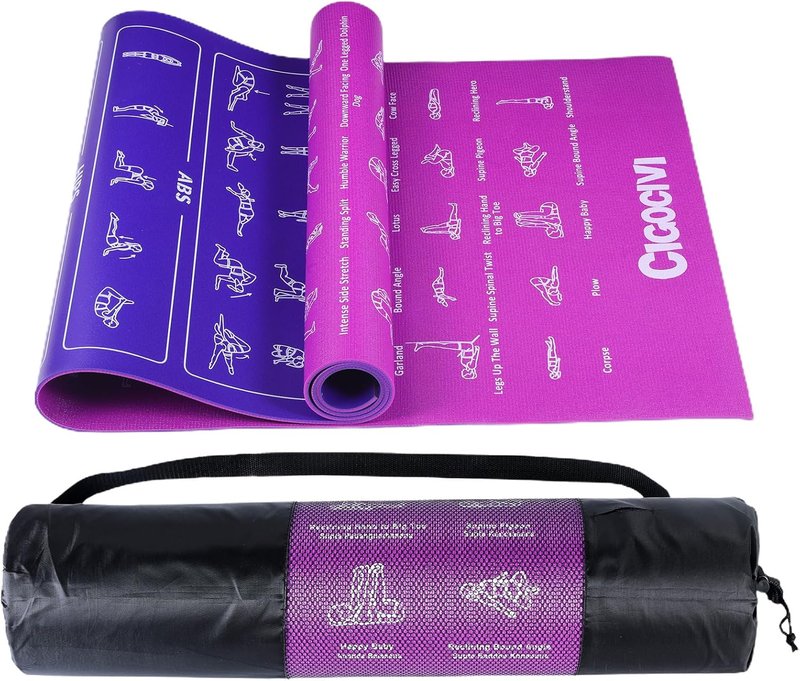 Travel Yoga Mat with 75 Asanas Poses & Exercises - Lightweight Home Workout Mat | Includes Carrying Bag, 68"x24"x0.25"