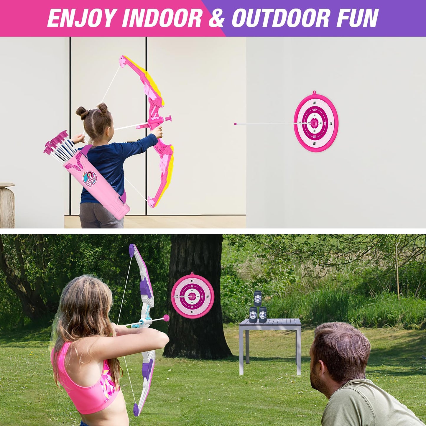 HYES 2 Pack Bow and Arrow for Kids, LED Light Up Archery Set with 24 Suction Cup Arrows, 2 Hanging Targets, 6 Score Targets & 2 Quiver, Indoor Outdoor Sport Toys for Girls Ages 4-12