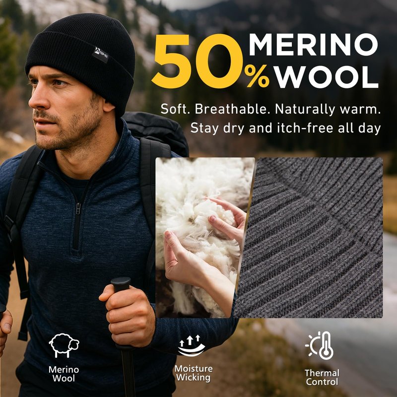 TOP-EX Waterproof Wool Fleece Lined Beanie for Men Women Winter Cold Weather Warm Thermal Knit Hats Gifts Dad Christmas Big Heads Black Medium Large M L