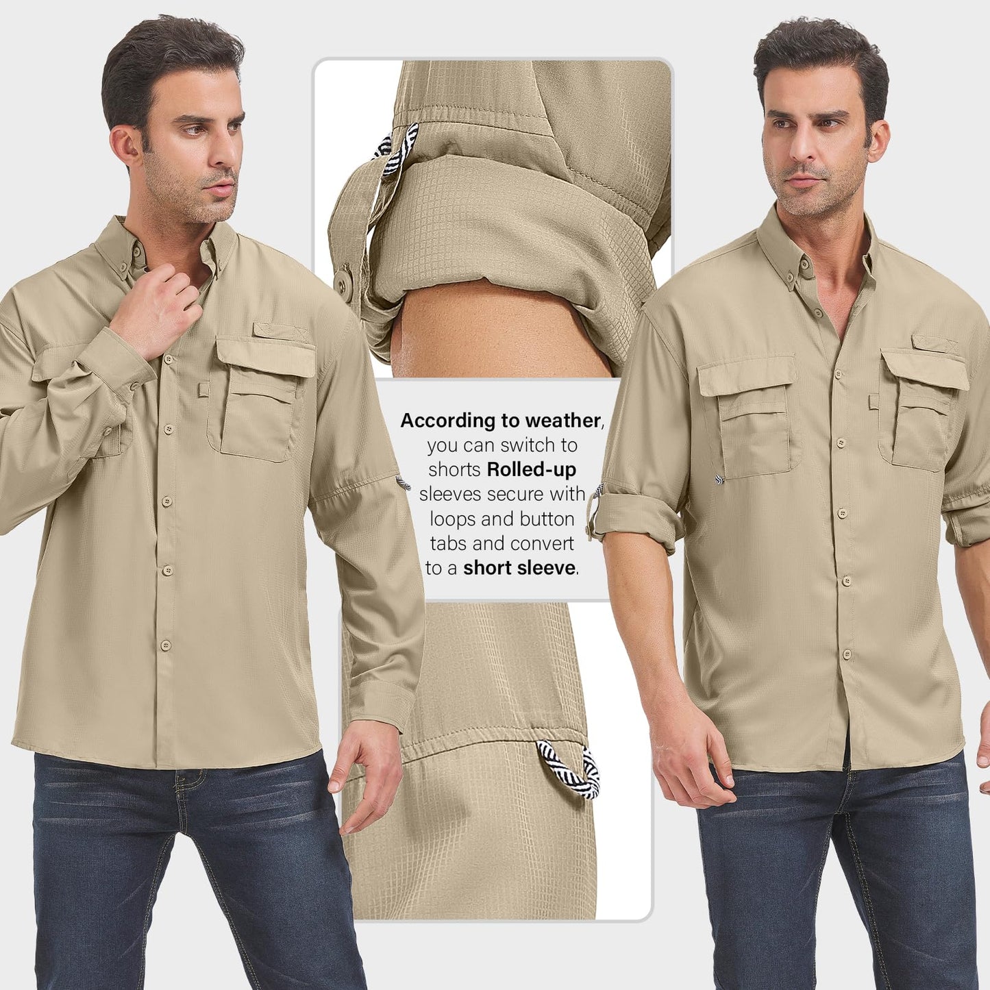 Men’s Long Sleeve Shirts UV UPF 50 Sun Protection Hiking Fishing Safari Shirt Quick Dry Cool Utility Blouse (5052 Khaki M)