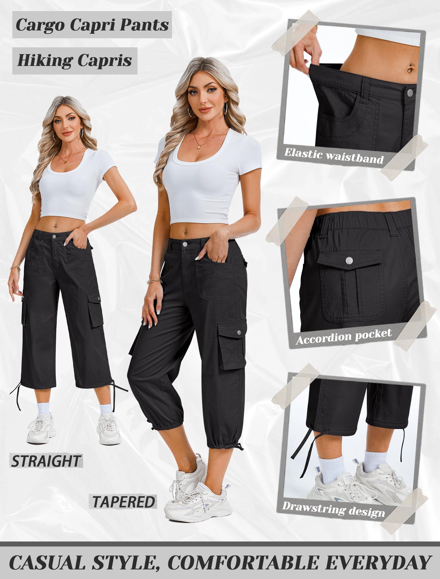 Eddoyee Cargo Capris for Women Cotton Hiking Pants with 6 Pockets Elastic High Waist Casual Summer Pants Black