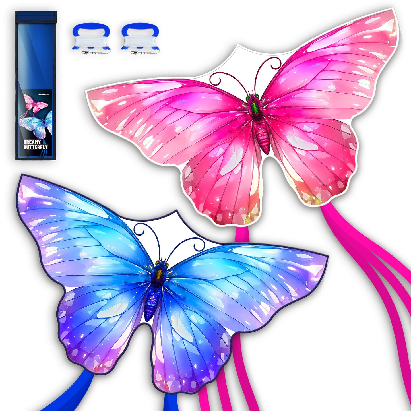 SGftre 3 Piece Set Butterfly Delta Octopus Kites for Kids and Adults，Easy to Fly for Outdoor Adults Children Line Kite for Kids Toy (Pink +Blue Dreamy Butterfly, 2)