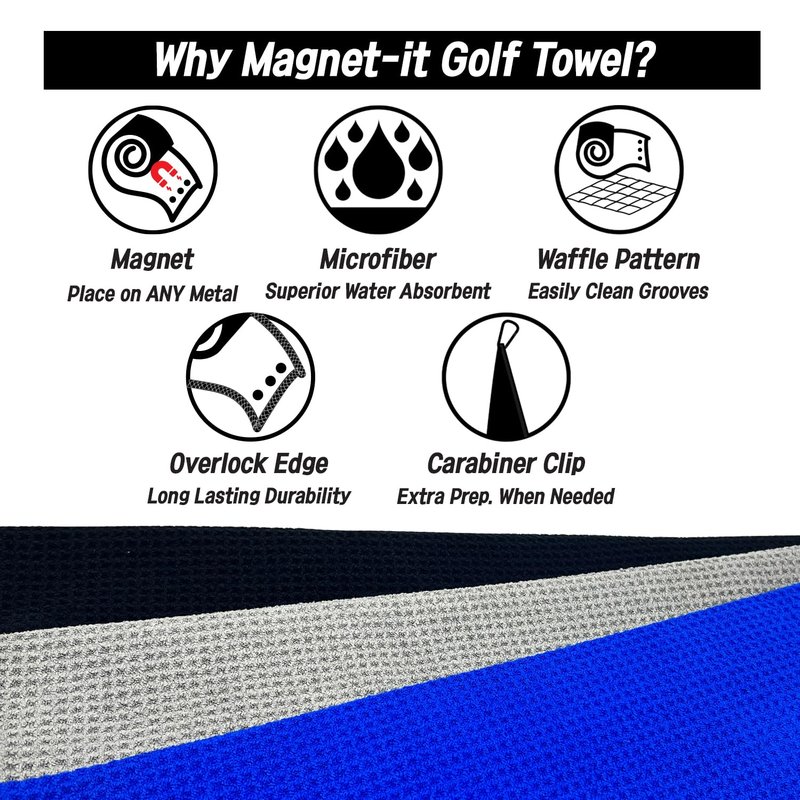 BUDDYBIRDIE Magnet-it Tri-Fold Magnetic Golf Towel | Microfiber Waffle Pattern | Strong Hold for Golf Bags | Perfect Golf Accessories & Gifts for Men | Gray (19.5x15 Black)