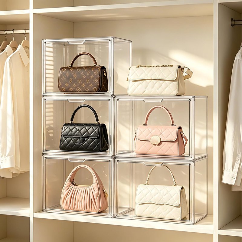 Clear Acrylic Handbag Organizer - 3-Piece Closet Storage Solution with Magnetic Door for Purses, Wallets & Cosmetics