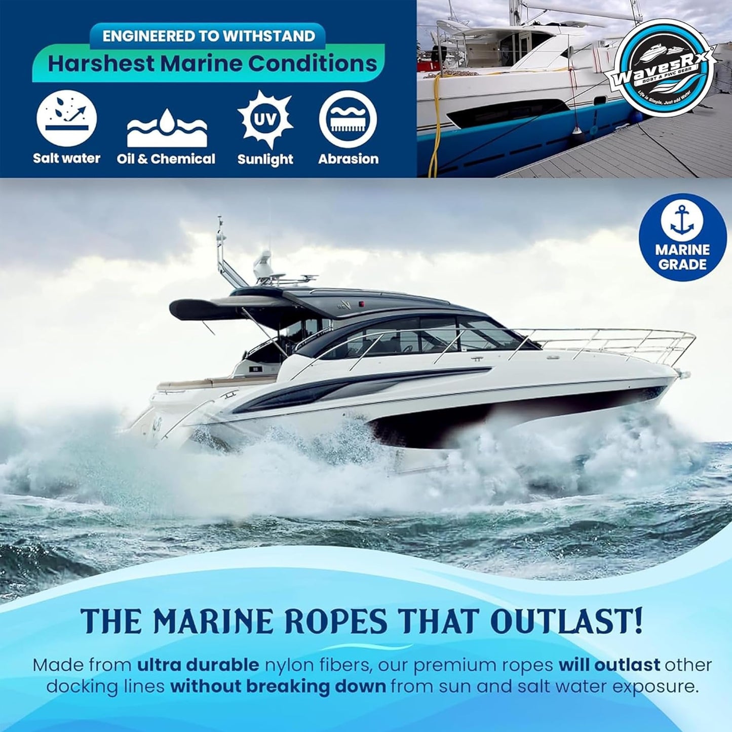 Premium Nylon Boat Dock Lines & Ropes for Docking 3/8'' x 15' | Double Braided Marine Rope & Mooring Line| Boat Ropes for Docking with Loop | UV & Saltwater Resistant Dock Ropes for Boats & Pontoons
