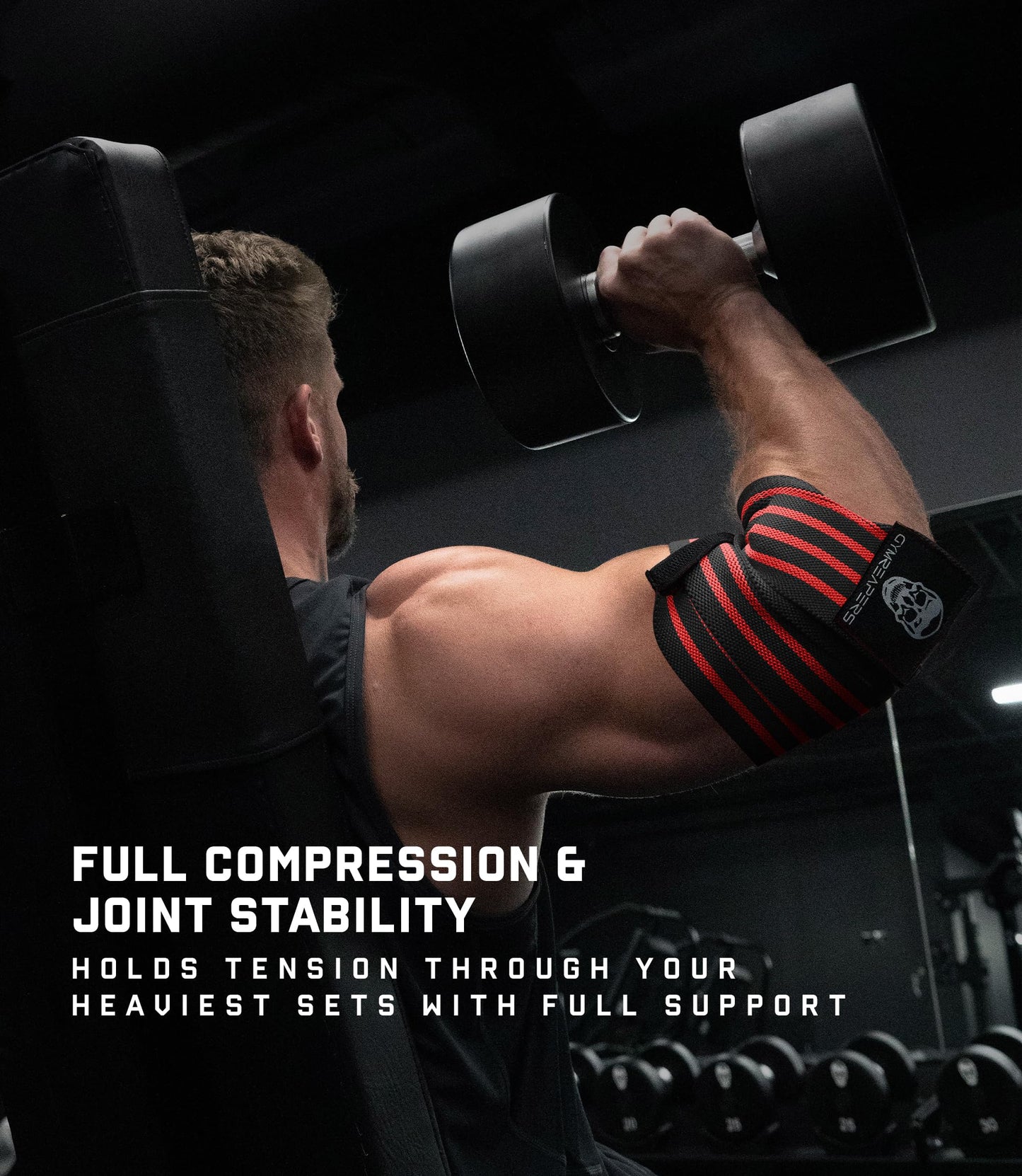 Gymreapers Weightlifting Elbow Wraps (1 Pair) - Flexible 40'' Elbow Compression Strap & Joint Support Brace - For Bench Press, Powerlifting, and Pressing (Red)