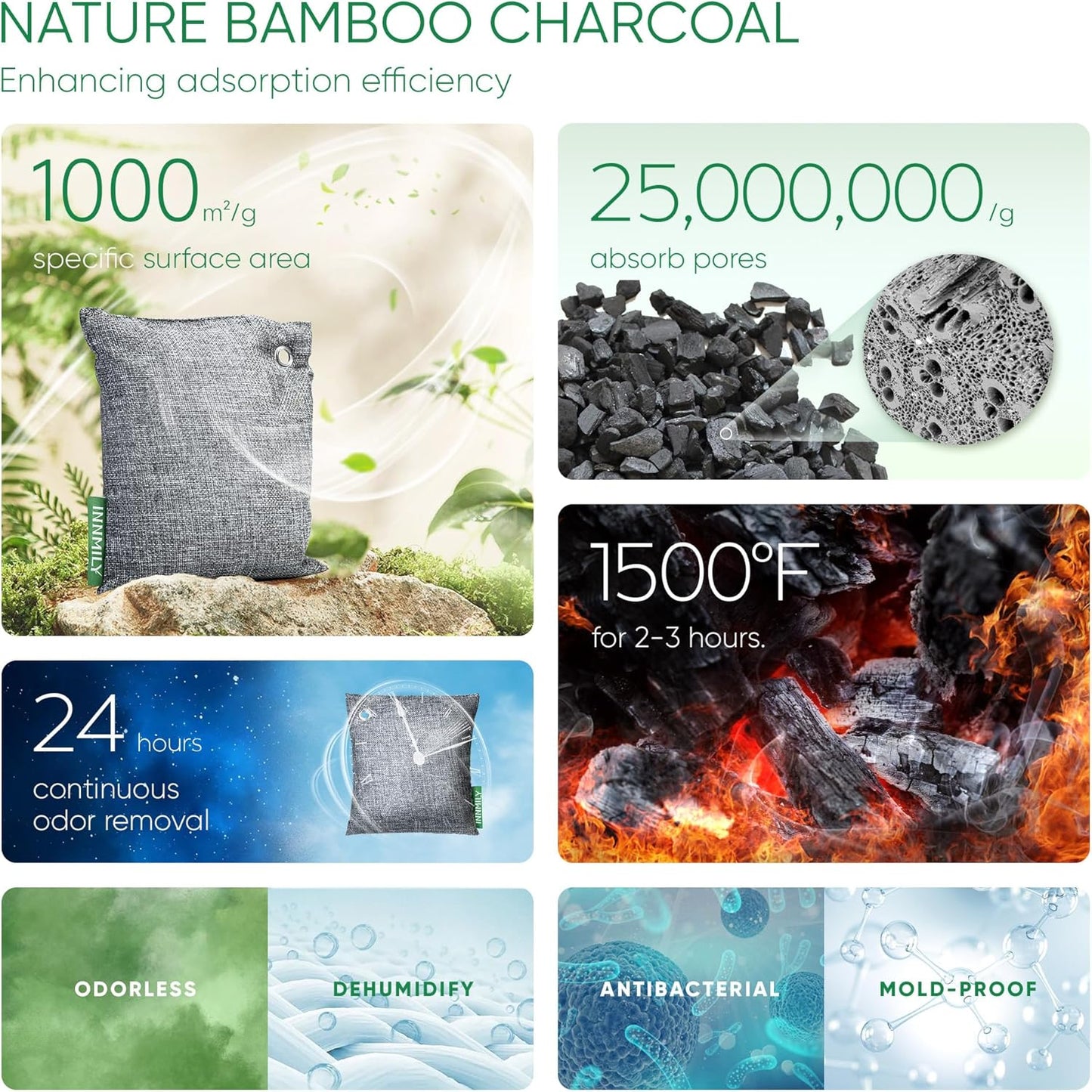 Activated Charcoal Odor Absorber - Bamboo Charcoal Air Purifying Bags for Home, Car & Closet | 6 x 50g