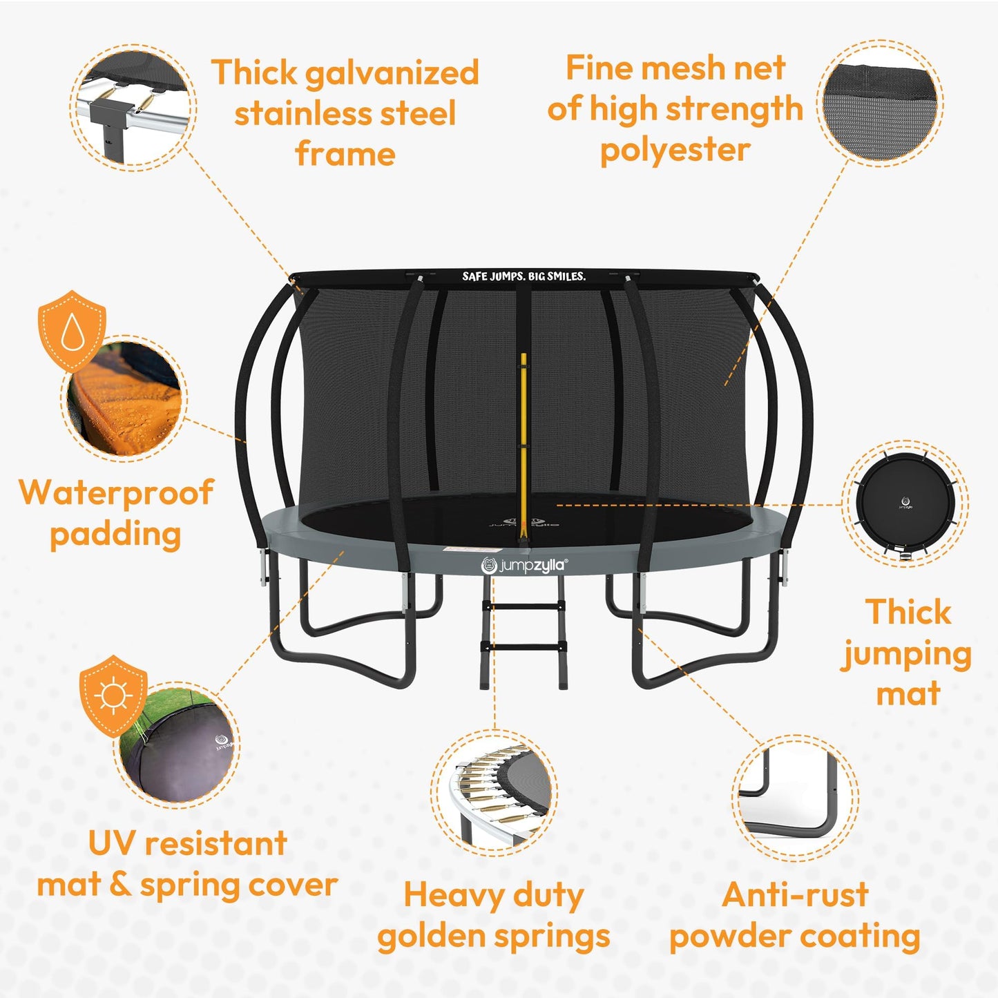 JUMPZYLLA Trampoline Outdoor 8FT 10FT 12FT 14FT 15FT 16FT with Enclosure, Non-Slip Ladder & Anti-Rust Coated Frame, ASTM Approved Recreational Backyard Large Trampoline with Net for Kids & Adults