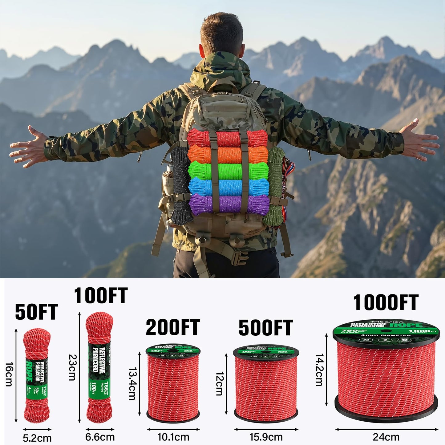 TRIBERION Reflective Paracord Rope 750 lb - 200ft 5/32" Parachute Cord 4MM 12-Strand para Cord - Heavy Duty Spool String for Survival,Camping Gear, Survival Bracelet, Clothesline - Red