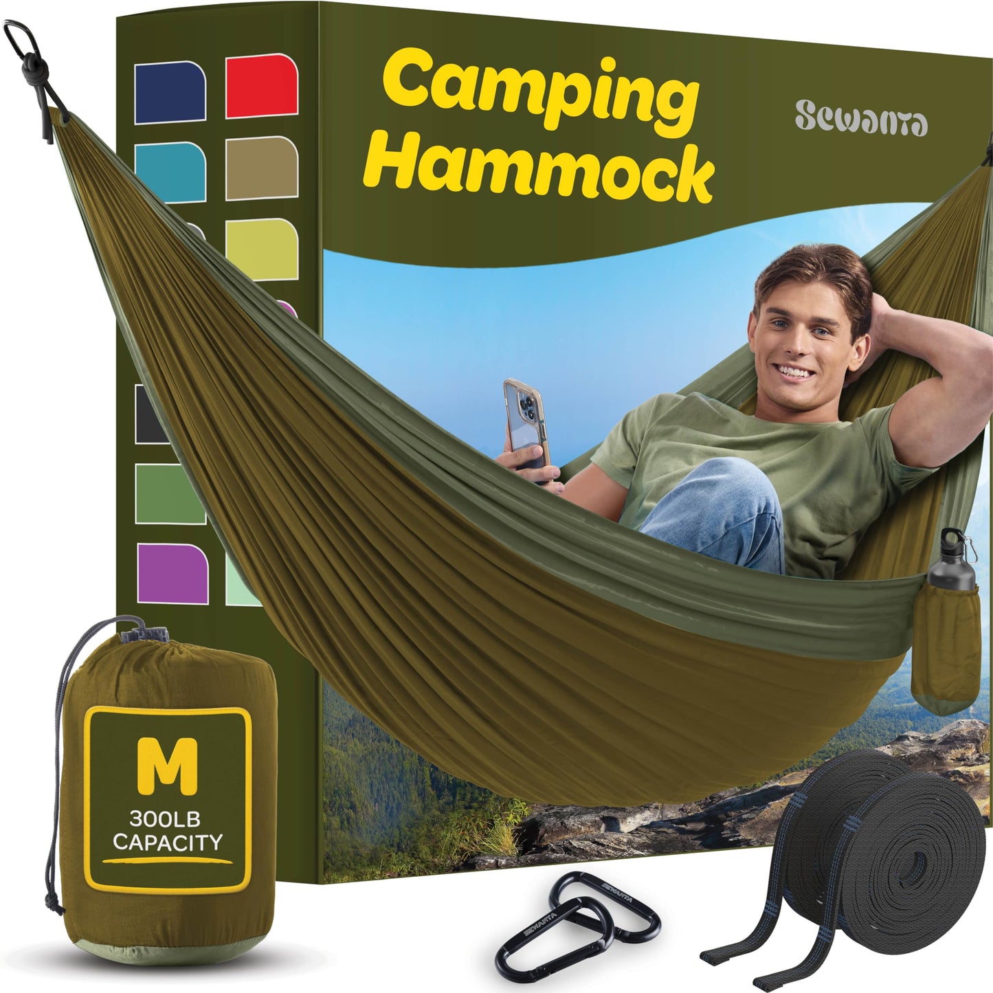 Durable Hammock 400 lb Capacity, Nylon Camping Hammock Chair - Double or Single Sizes w/Tree Straps and Attached Carry Bag - Portable for Travel/Backpacking/Beach/Backyard (Medium, Khaki & Dark Green)