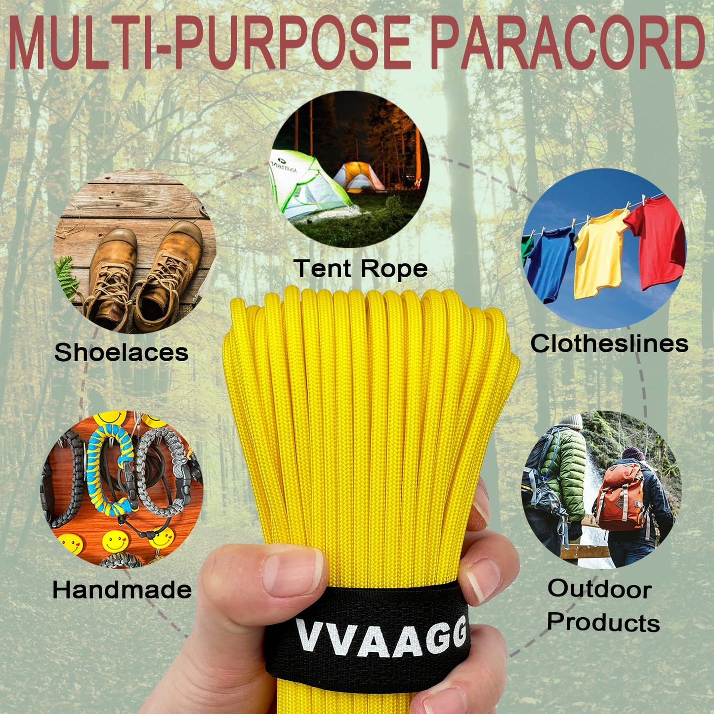 VVAAGG 550 Paracord 100FT - 4mm Lightweight and Durable Camping Rope, Tent Rope, 7 Strand Nylon Parachute Cord Rope (Yellow)