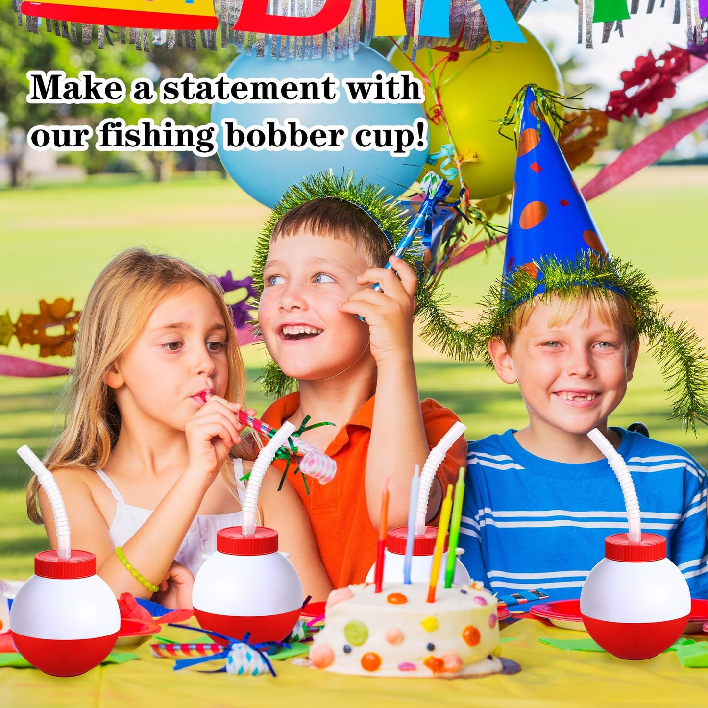 FillTouch 12 Set Fishing Bobbers Cups with Straws and Lids 10 oz Fun Fishing Birthday Party Decorations Red and White Plastic Cups for Kids Fishermen Pool Party Decorations