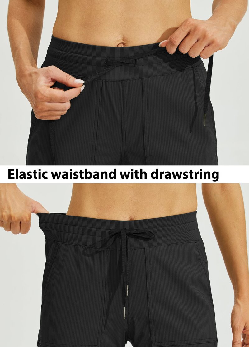 Willit Women's Quick-Dry Capris Travel Pants Lightweight Striped Woven Hiking Workout Casual Pants with Pockets Black L