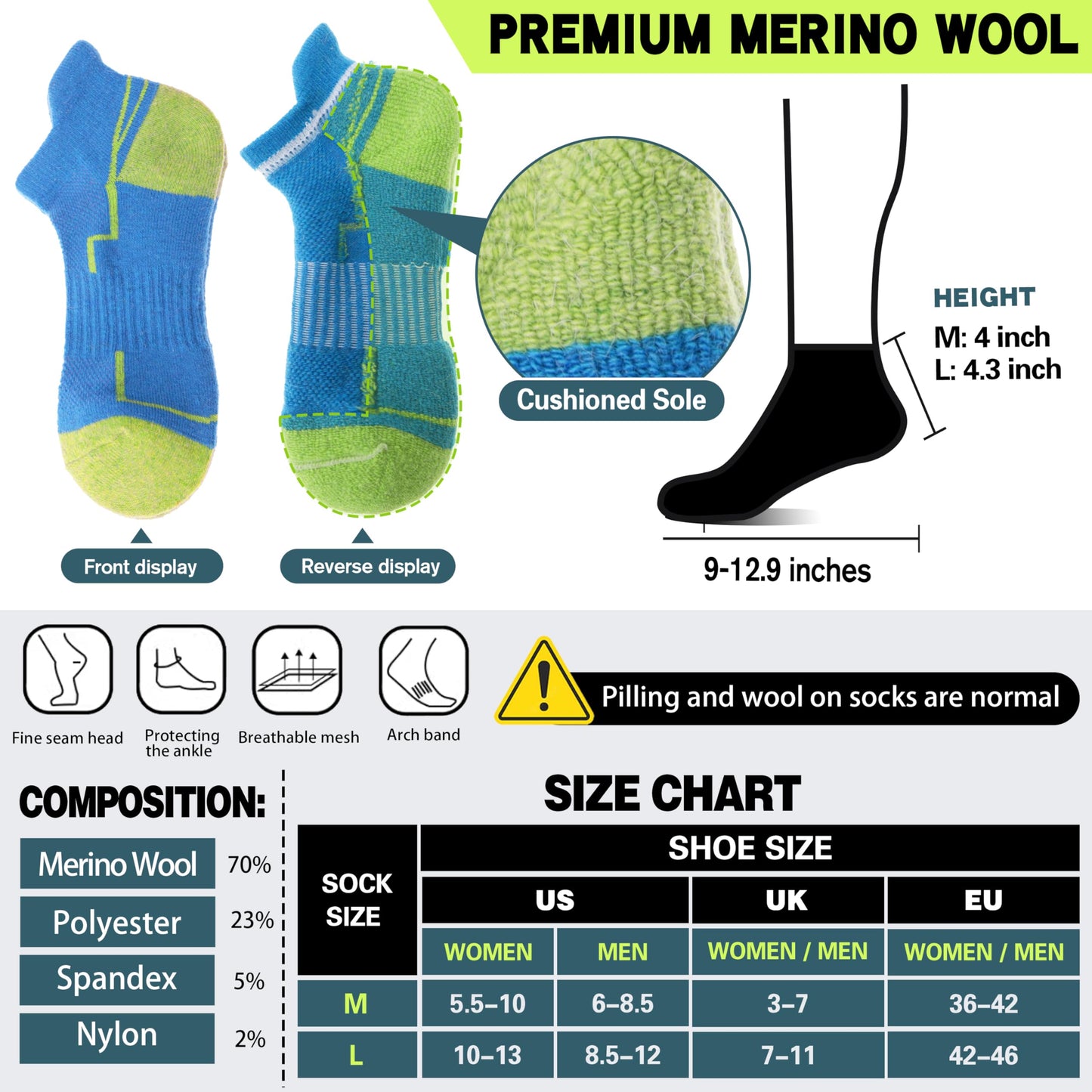 Welwoos Merino Wool Ankle Hiking Socks Thermal Warm Thick Winter Compression Support Running Cushion Athletic No Show Socks for Women Men Gifts Stocking Stuffers 6 Pairs(Mixed Color,M)