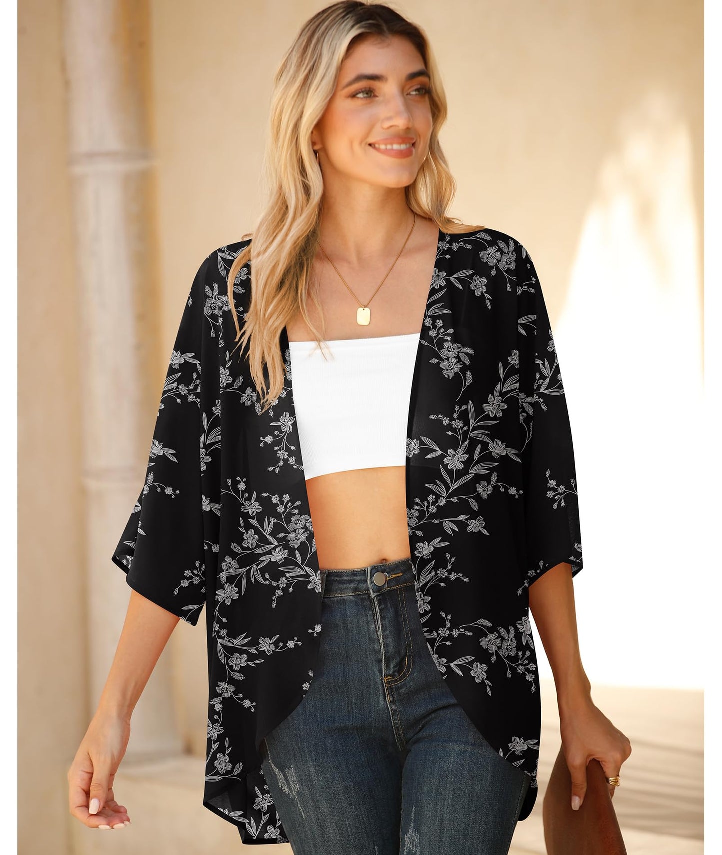 LILBETTER Womens Floral Chiffon Kimono Cardigans Loose Beach Cover Up Half Sleeve Tops(Black Leaves Medium)