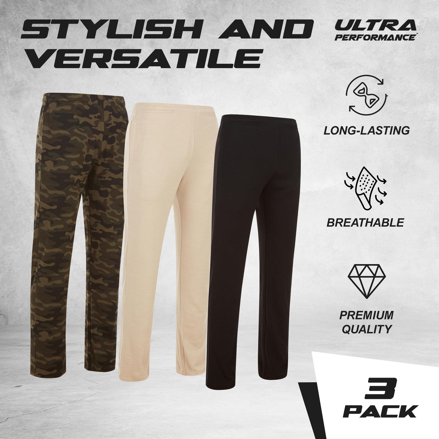Ultra Performance 3 Pack Mens Sweatpants, Wide Leg Open Bottom Lounge Sweat Pants for Men
