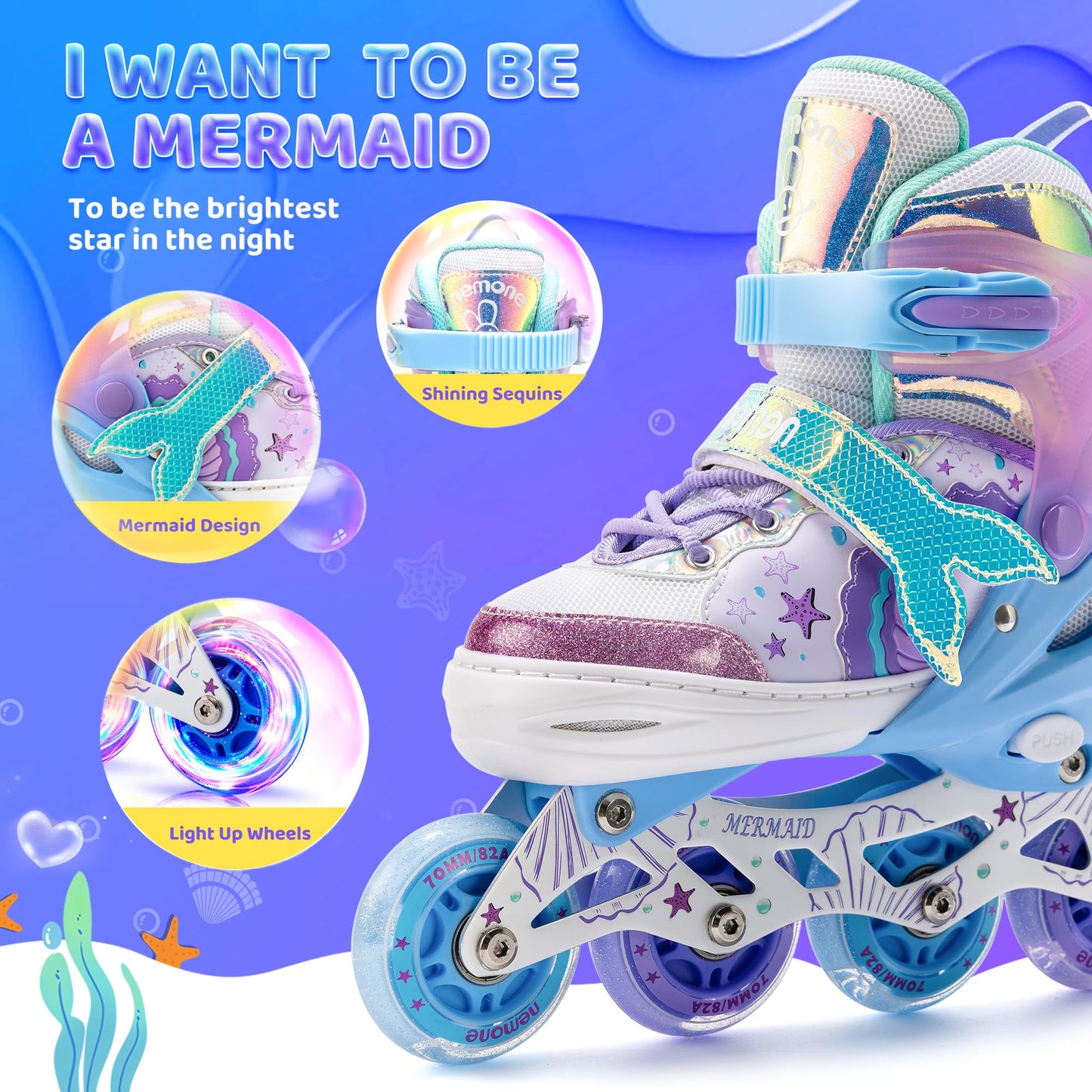 NEMONE Girls Adjustable Inline Skates Kids Light up Wheels Roller Skates Blades Indoor Outdoor for Childrens Beginner Youth Ages 4-6 5-8 6-12 8-12