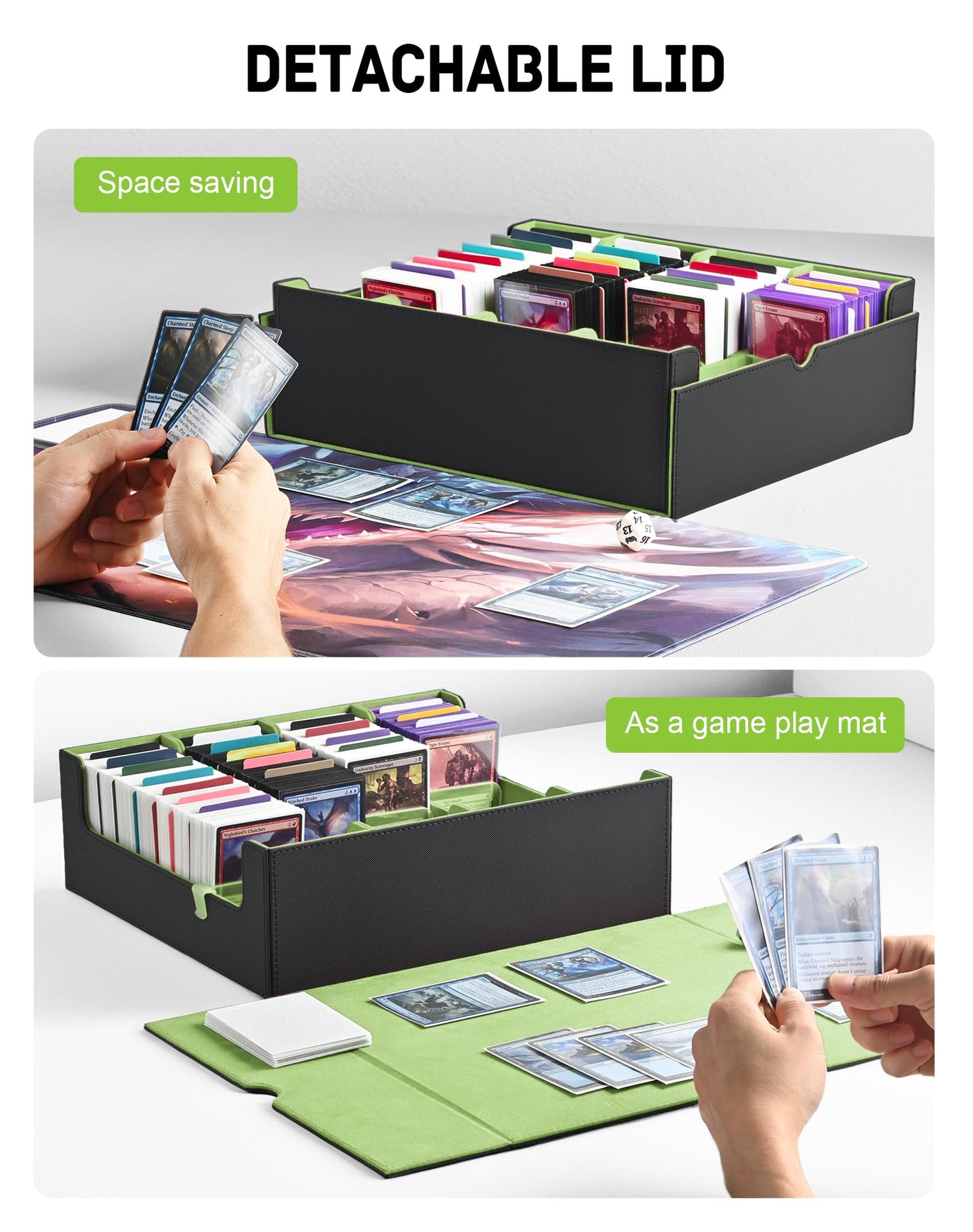 ZLCA Card Storage Box for MTG PTCG, Commander Deck Box Holds 3200+ Cards, Trading Card Storage Case with 4 Stoppers, Card Organizer for TCG Sport Cards(Black&Green)