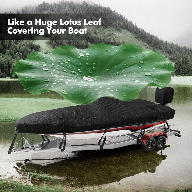 Heavy Duty Boat Cover - 1200D Waterproof Protection for 17-19ft Bass Boats | Ratchet Hem Tightening, Black