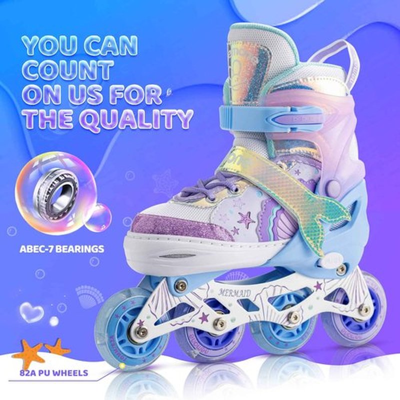 NEMONE Mermaid Inline Skates (Purple M) with Protective Gear Set Knee Elbow Wrist Guards Pads for Kids Girls (Size M)