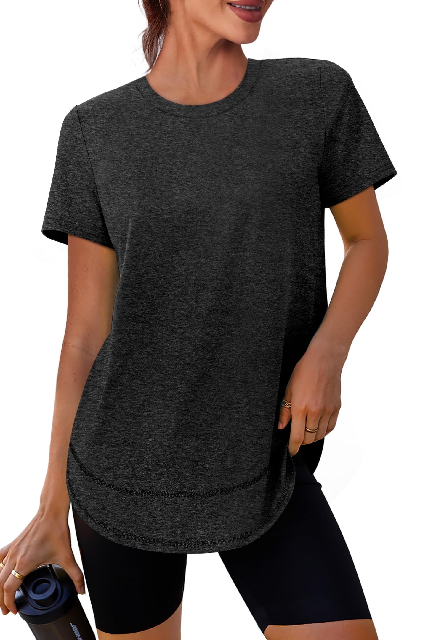 Short Sleeve Shirts for Women Workout Yoga Tops Sun Protection Clothing Summer Outfits Rash Guard Side Slit Black XL