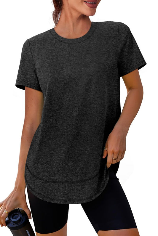 Short Sleeve Shirts for Women Workout Yoga Tops Sun Protection Clothing Summer Outfits Rash Guard Side Slit Black XL
