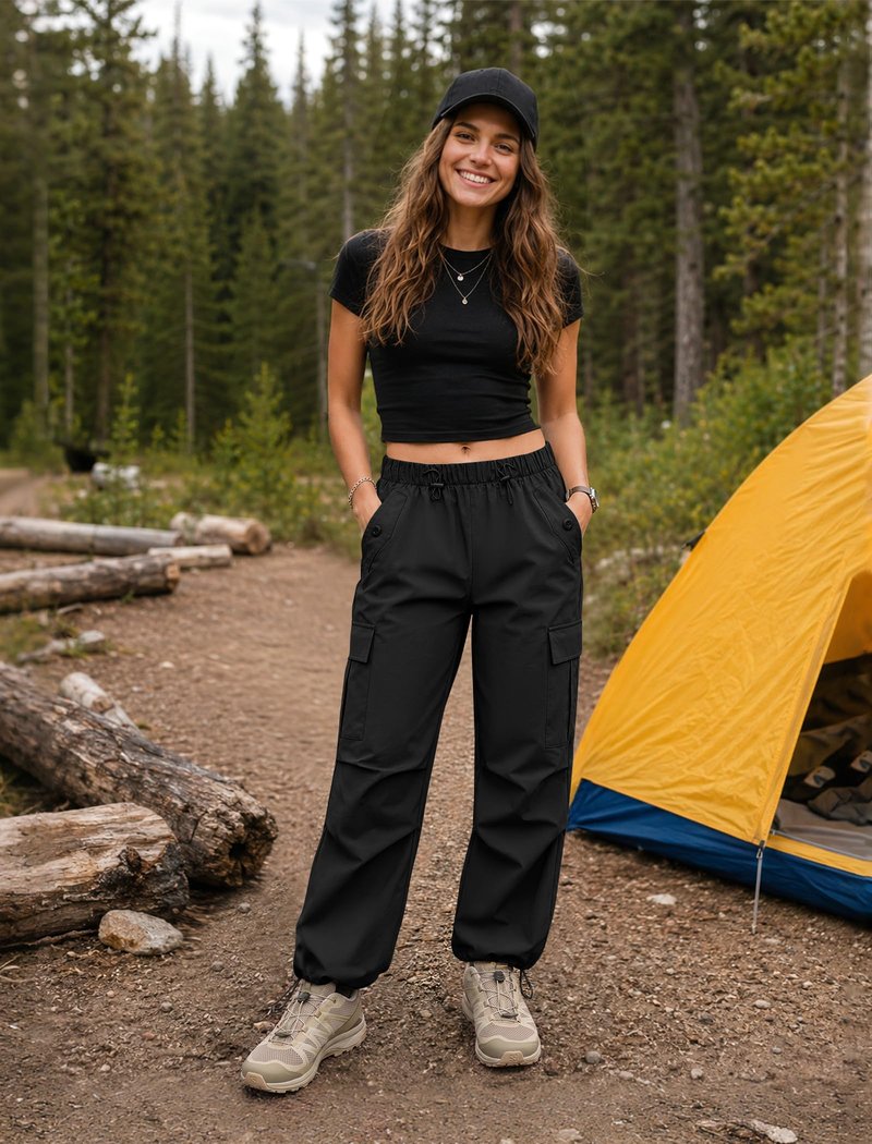 COPYLEAF Cargo Pants Women Elastic Waisted Parachute Hiking Pants with Pockets Water-Resistant Lightweight Baggy Pants(Black S)