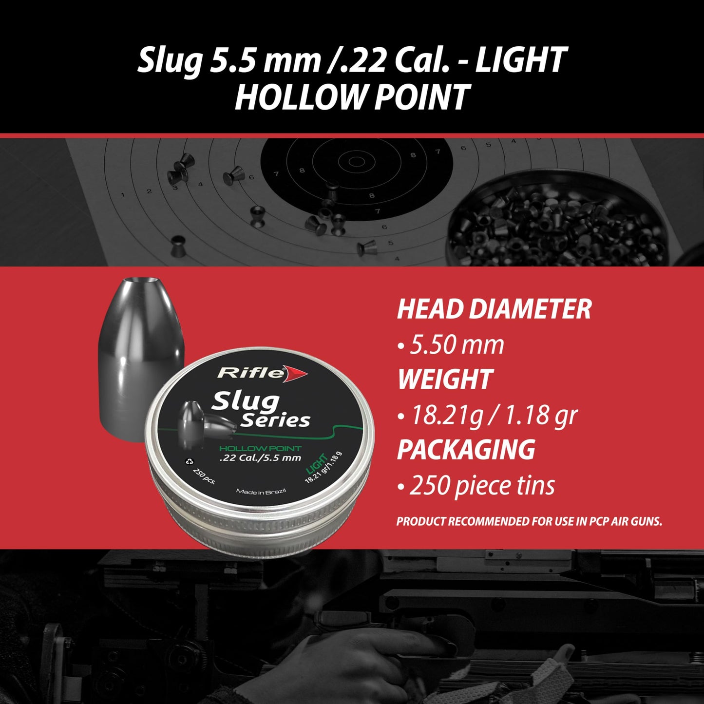 Rifle Light Hollow Point Slug Air Gun Pellets | .22 Caliber | 5.5 mm | 18.21 gr | Slug Designed for Target Shooting and Hunting | 250 Count