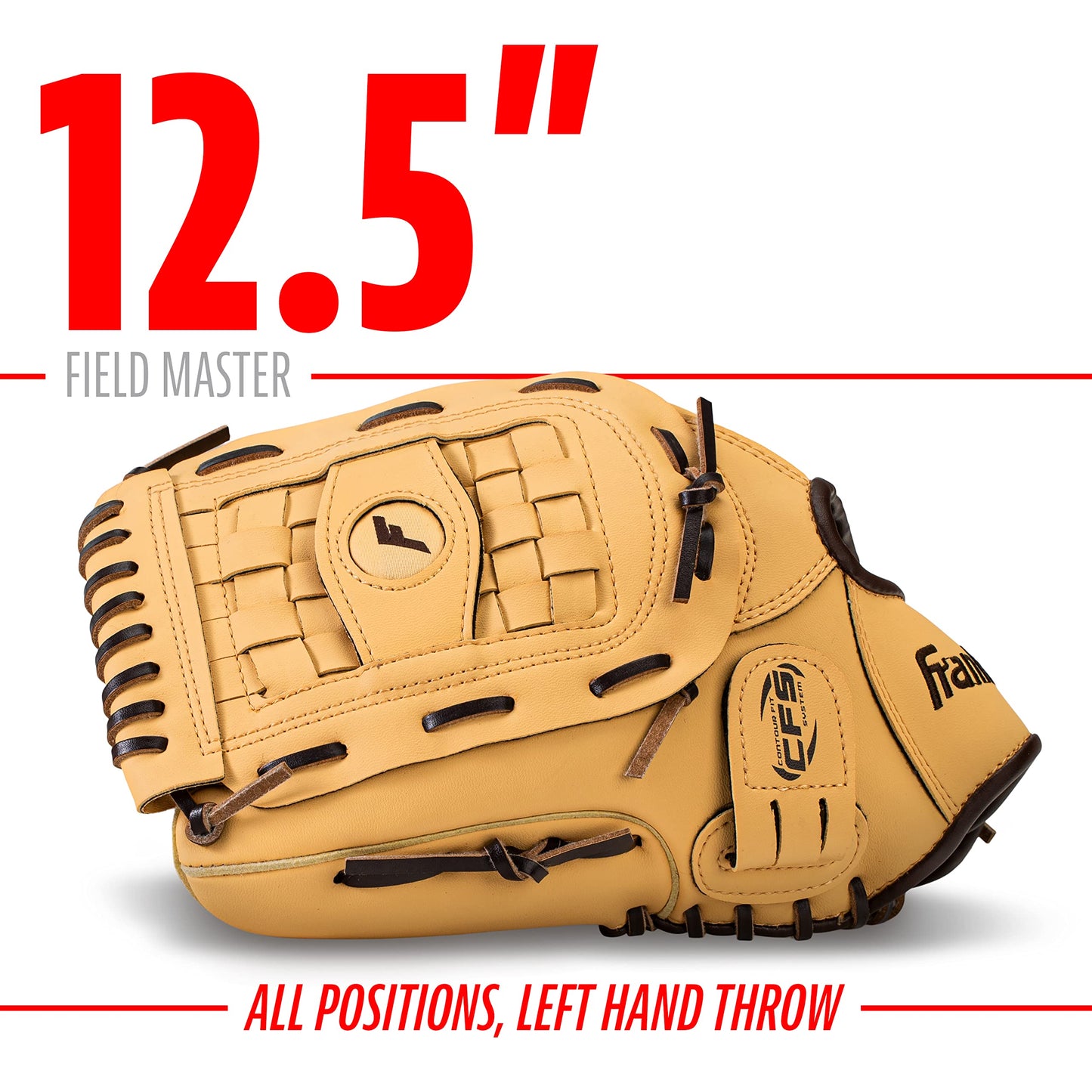 Franklin Sports Field Master Baseball and Softball Gloves for Adults, Youth, and Kids - Durable and Soft Synthetic Leather - Adjustable Fit - Left Hand Throw - 12.5" in. Outfield - Camel Brown