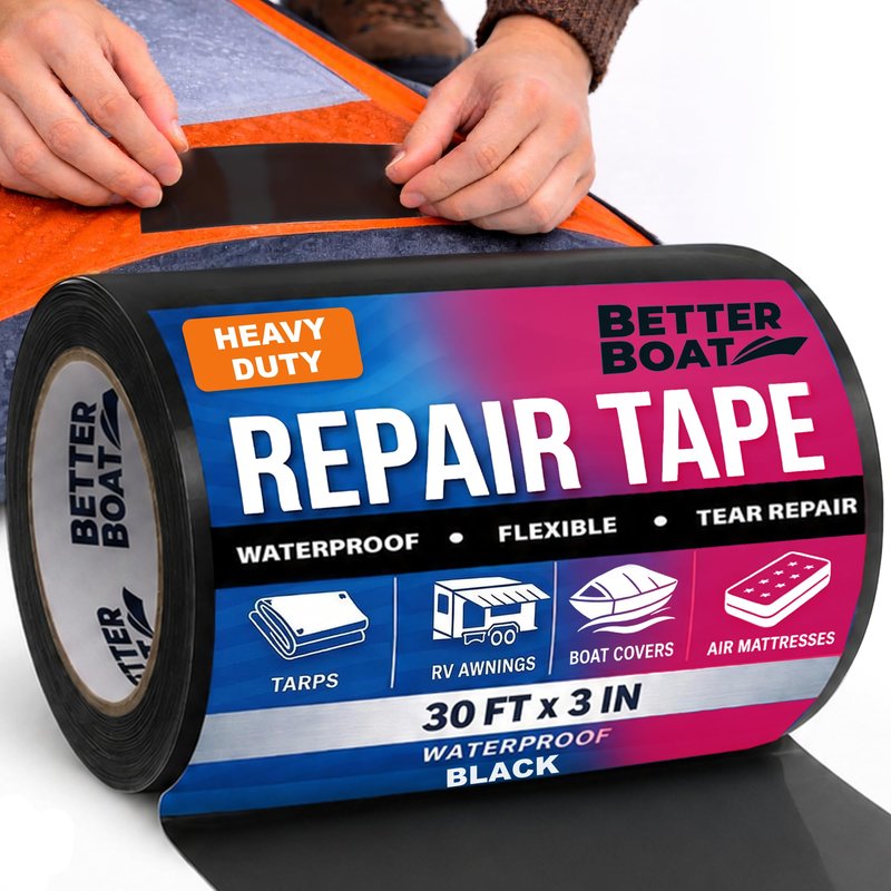 Better Boat Repair Tape for Fabric and Vinyl 30ft x 3in, Black Waterproof Patch Tape for RV Awning Canvas Tent Tarp Sail Canopy Boat Cover, Heavy Duty