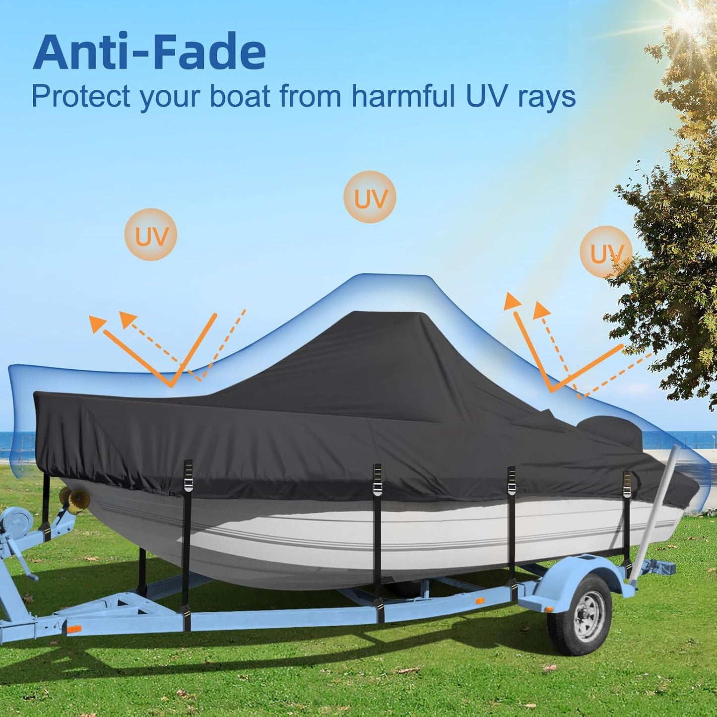 Heavy Duty Center Console Boat Cover - Waterproof 900D Fabric, Fits 16-18.5 FT | Black with Motor Cover & Adjustable Buckle