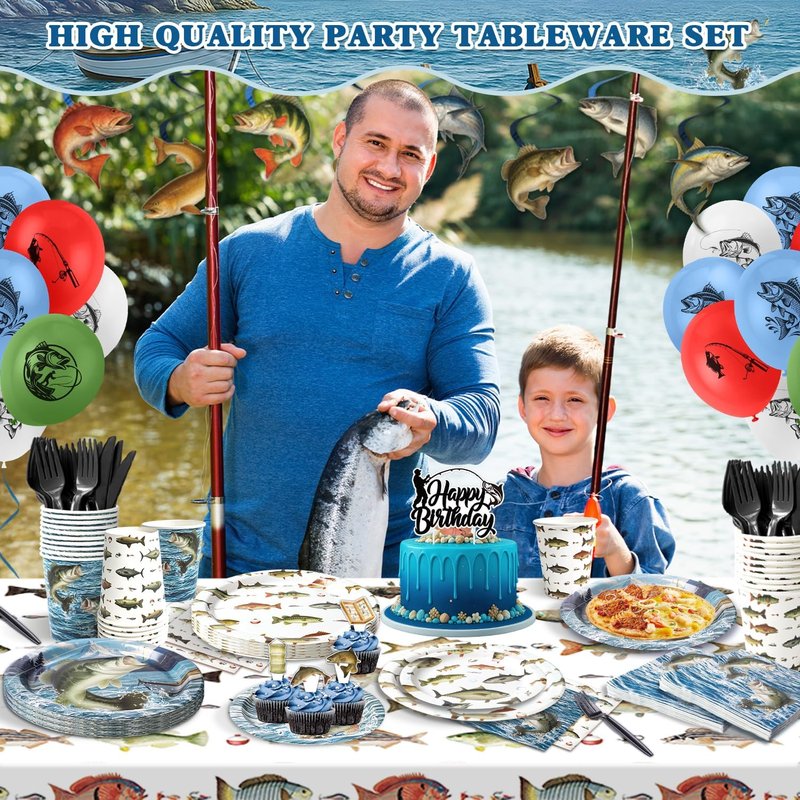 Fishing Birthday Party Decorations Set - 197 Pcs for 24 Guests | Banners, Cake Toppers, Plates & Balloons