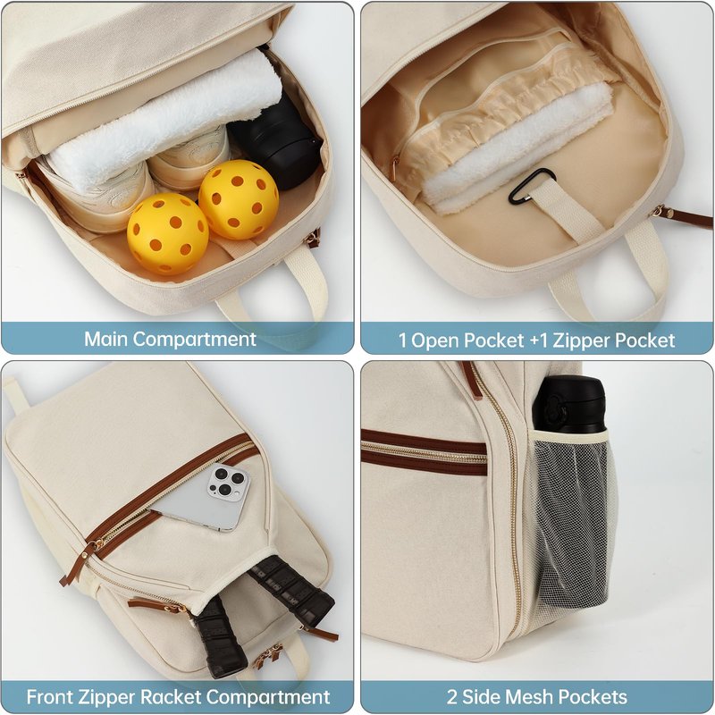 DYSHAYEN Pickleball Backpack, Pickleball Bags for Women, Pickle Ball Paddle Bag Fits 2 Paddles, Best Pickleball Accessories, Pickleball Gifts for Women （Beige）