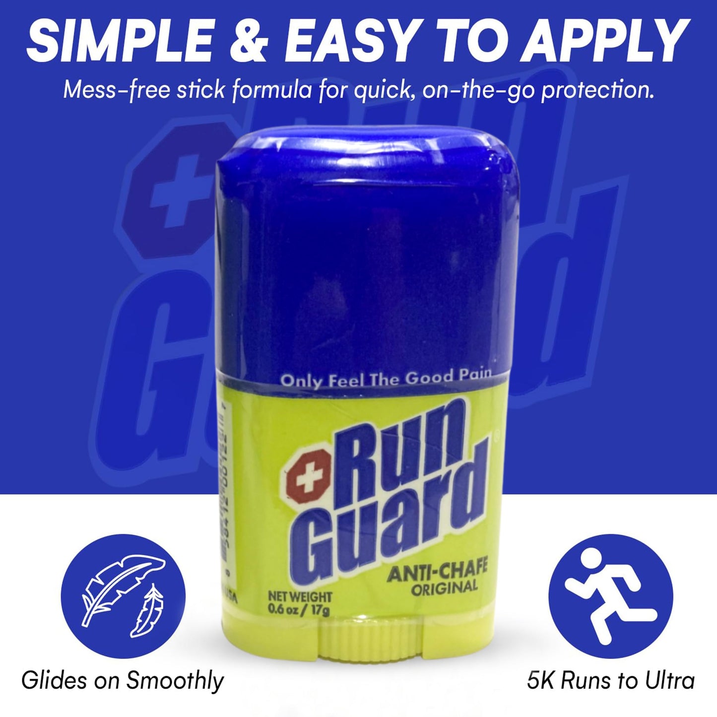 Run Guard Original Anti-Chafing Balm - Highly Effective USA Made Chafe Stick for Runners & Athletes - Sweat & Water-Resistant Formula - Sports Running Anti Chafe Soothing Balm Stick 0.6oz - Pack of 4