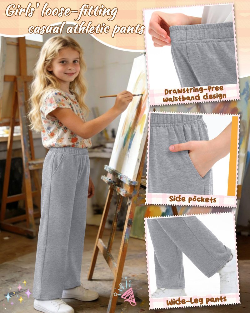 LessonZoo 3 Pack Girls Wide Leg Sweatpants Kids Lightweight Joggers Open Bottom Baggy Pants Athletic with Pockets(Black, Light Heather Gray, Light Gray,13-14 Years)